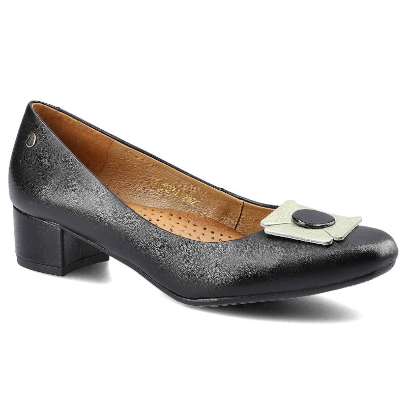 Czółenka damskie Maciejka, ze skórzaną cholewką miękką wkładką stabilnym obcasem i ozdobą na nosku, czarne, 05034-01-00-1