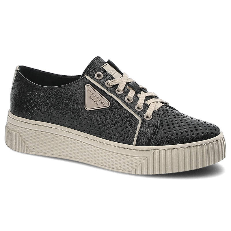 Półbuty damskie Pollonus, sznurowane z perforowaną skórzaną cholewką i ozdobną naszywką boczną, czarne, 5-1375-003