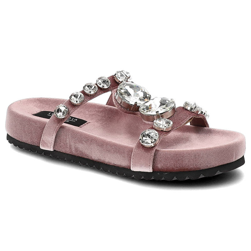 Klapki damskie Scaviola, zamszowa cholewka szerokie paski zdobione biżuteryjnymi kryształami komfortowa płaska podeszwa, dark pink, S-37