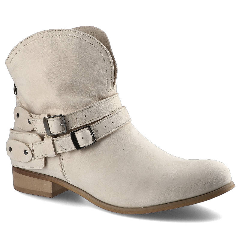 Botki damskie Pollonus, naturalna skóra nubuk w jasnym kolorze z regulowanymi paskami na sprzączkach wokół cholewki oraz niskim obcasem i stabilną po