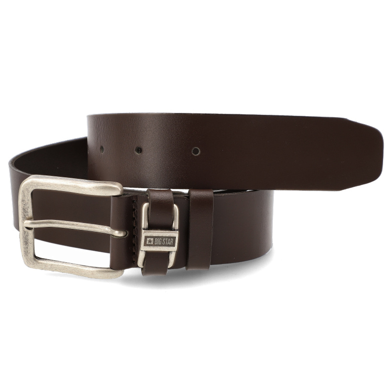 Pasek męski Big Star, skórzany z klamrą i metalowym logo na szlufce, brązowy, HH674110