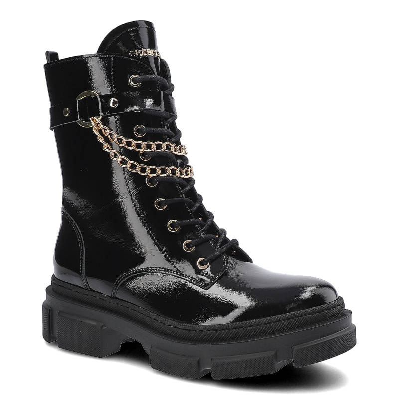 Botki damskie Chebello, cholewka ze skóry naturalnej lakierowanej sznurowane dodatkowe zapięcie suwakiem ozdobne łańcuchy masywna podeszwa z głębokim