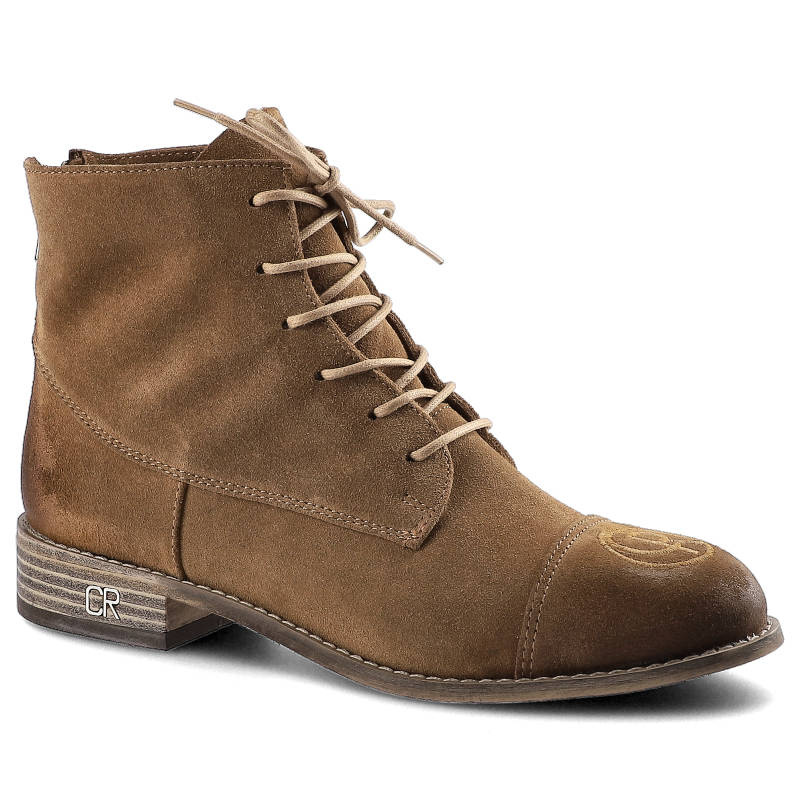 Botki damskie Carinii, wykonane z materiału o zamszowej strukturze z wysoką cholewką z wiązaniem na przodzie oraz niskim obcasem o stabilnej konstruk