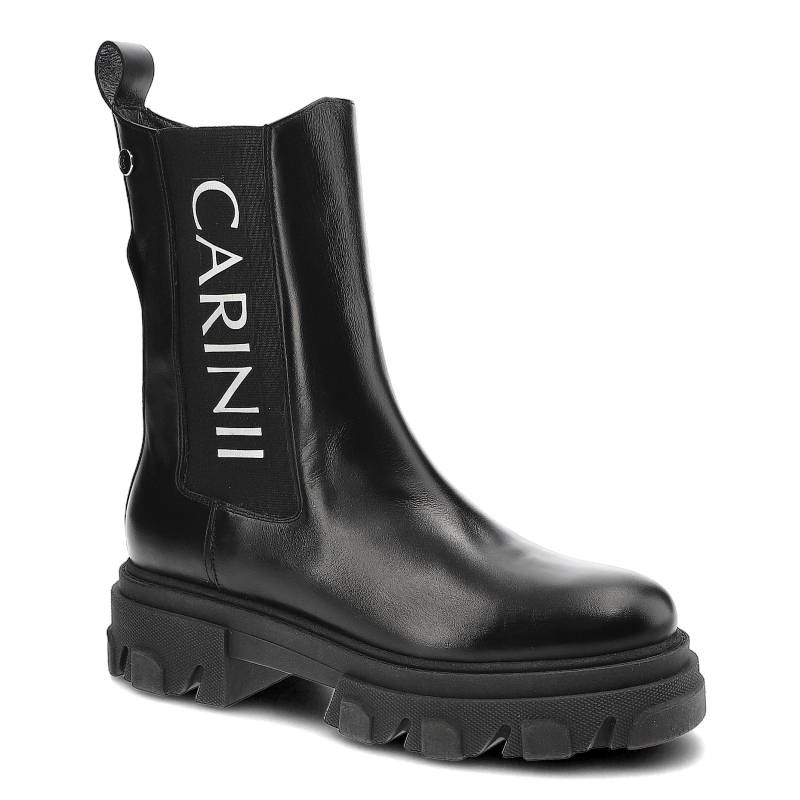 Botki damskie Carinii, gładka skórzana cholewka z kontrastowym nadrukiemsolidna podeszwa i praktyczny suwak, czarne, B8020_-E50-000-000-E33