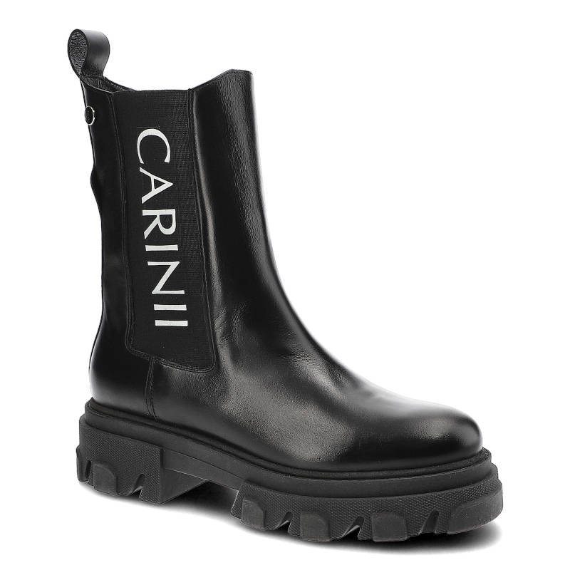 Botki damskie Carinii, gładka skórzana cholewka z kontrastowym nadrukiemsolidna podeszwa i praktyczny suwak, czarne, B8020_-E50-000-000-E33