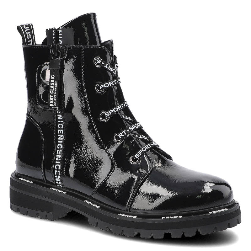 Botki damskie Artiker, lakierowana cholewka z dekoracyjnymi nadrukami zamek i masywna podeszwa, czarne, 49C0321