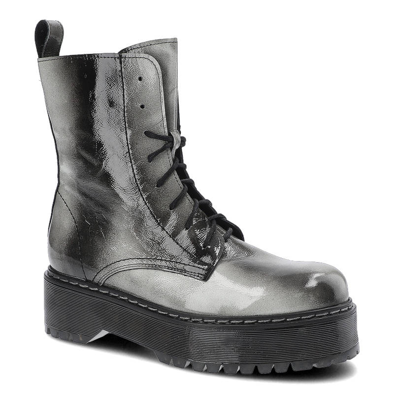 Botki damskie Lemar, naturalna skóra lakierowana sznurowanie usztywniona cholewka podeszwa o podwyższonym profilu i wyraźnym bieżniku, szare, 60329-R