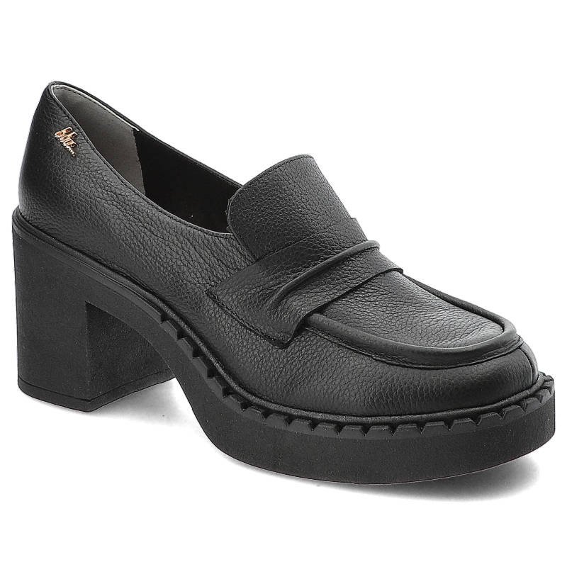 Półbuty damskie BLU, ze skóry naturalnej z zabudowaną cholewką wsuwaną konstrukcją masywnym obcasem, czarne, 125‑10