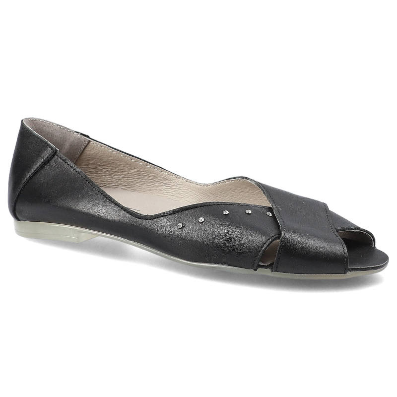 Baleriny damskie Lemar, wsuwane skórzane i z otwartymi palcami, czarne, 20054