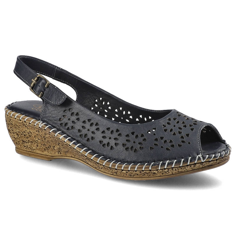 Sandały damskie Lanqier, naturalna skóra licowa z ażurową cholewką regulowanym paskiem na sprzączce oraz koturnem z korkowym wykończeniem, granatowe,