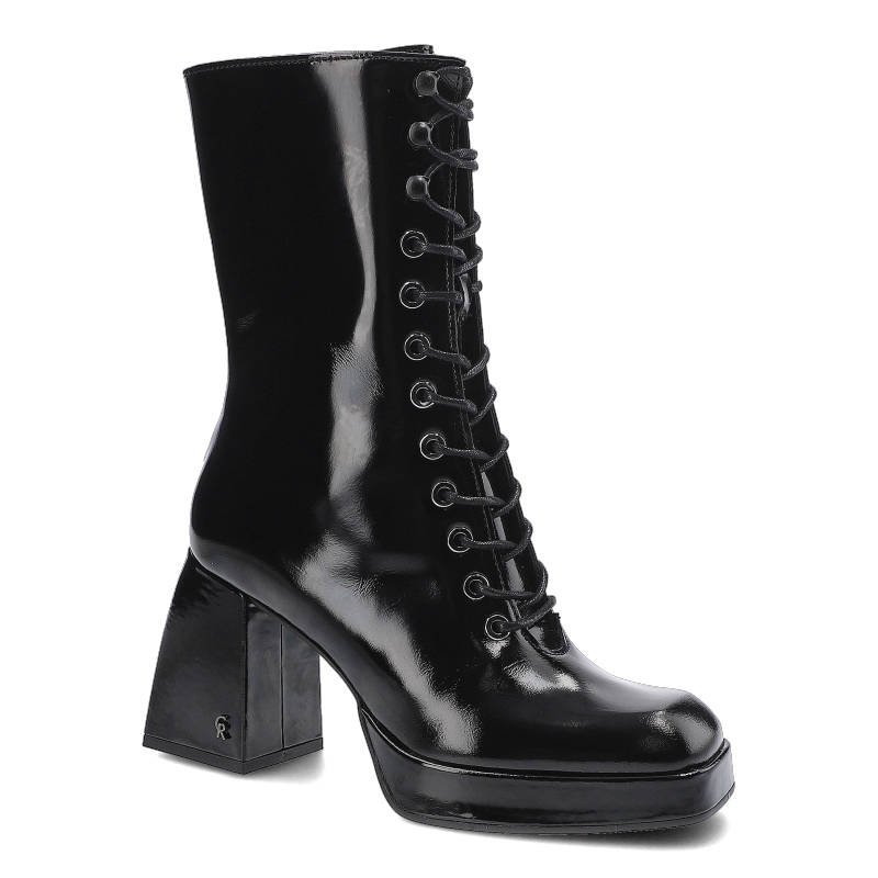 Botki damskie Carinii, lakierowana cholewka o gładkim wykończeniu sznurowanie z metalowymi oczkami stabilny obcas na platformie, czarne, B7597-037-E6