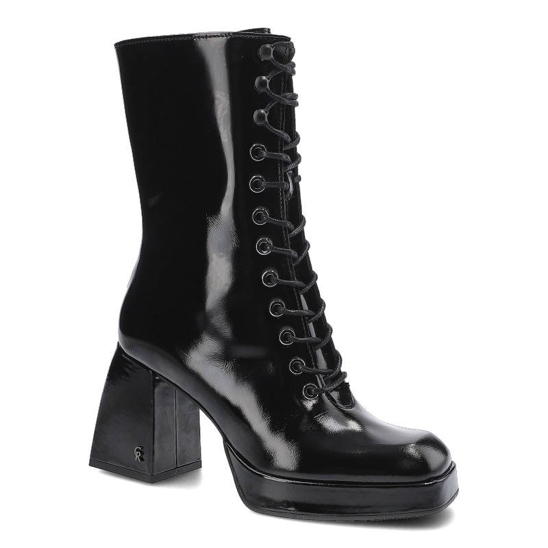 Botki damskie Carinii, lakierowana cholewka o gładkim wykończeniu sznurowanie z metalowymi oczkami stabilny obcas na platformie, czarne, B7597-037-E6