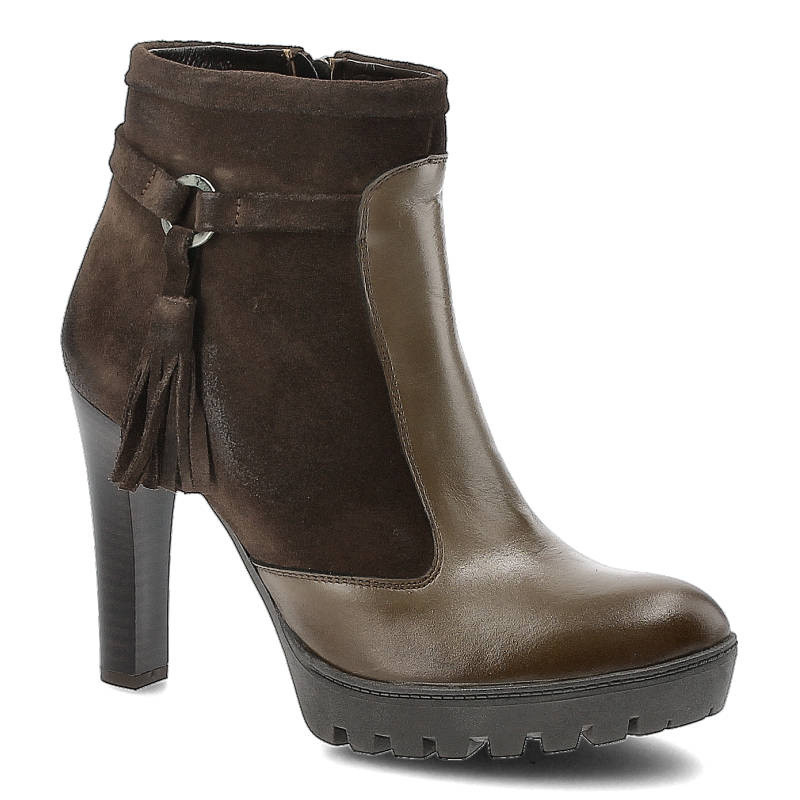 Botki damskie Maciejka, skórzane zapinane na zamek i na wysokim obcasie, brązowe, 02696-02-00-3