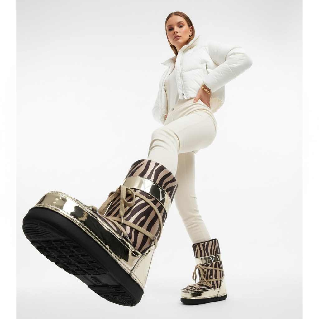 Śniegowce damskie Donna Fabiani, cholewka z materiału syntetycznego z kontrastowym nadrukiem i sznurowaniem oraz miękkim kołnierzem, zebra‑satyna, 14