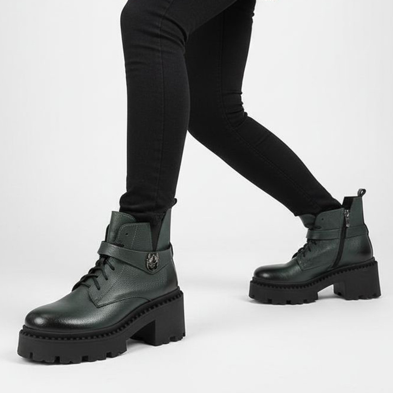 Botki damskie Armodo, skórzane na klocku za kostkę z okrągłym noskiem i na zamek, oliwkowe, 60557-V