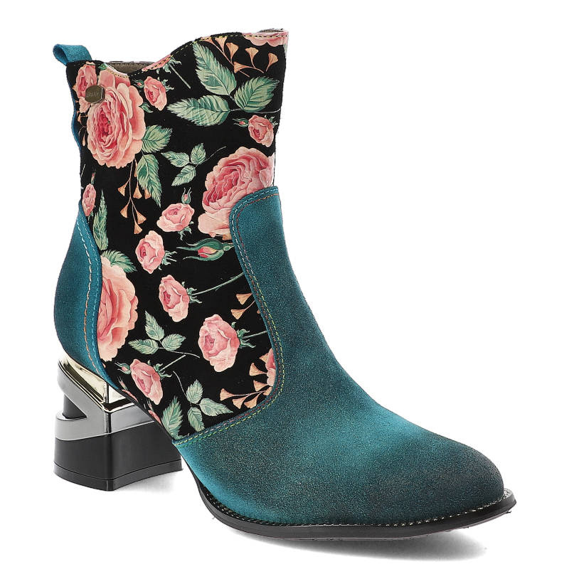 Niebieskie Botki Laura Vita Eleganckie Skórzane Buty Na Obcasie