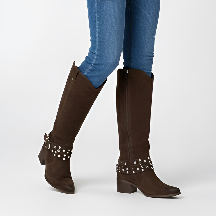 Kozaki damskie Karino, wysoka welurowa cholewka ze skóry i na stabilnym klocku, brązowe, 5784-05-F