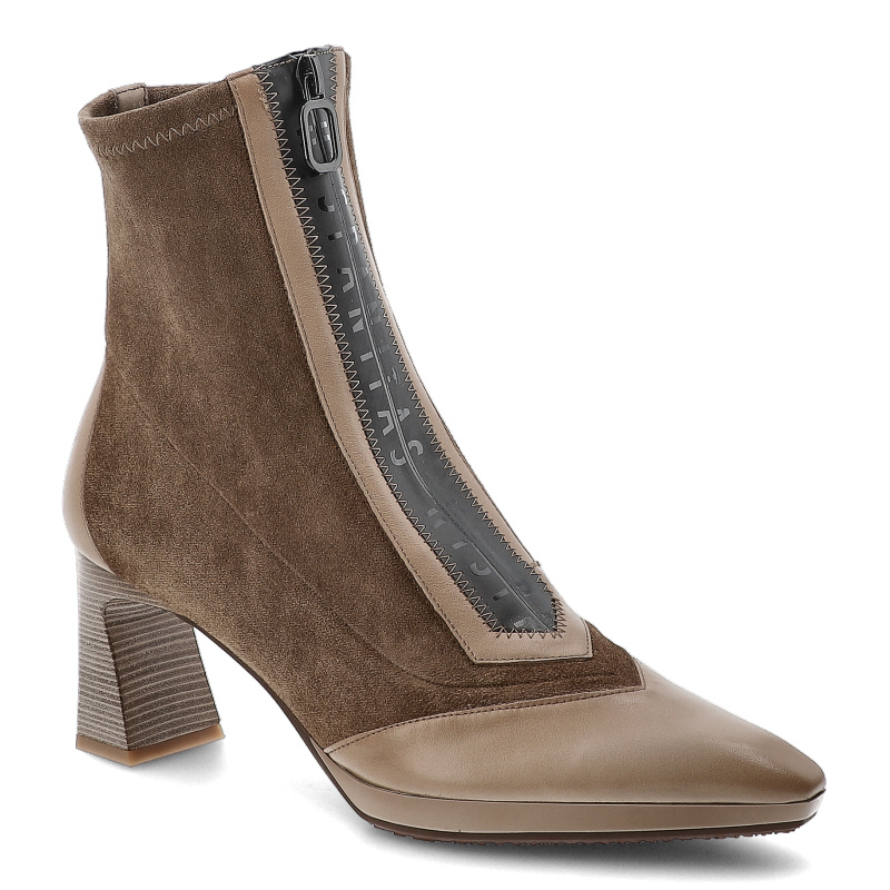 Botki damskie Hispanitas, skórzane zamszowe na słupku z ozdobami na zamek i nosek w szpic, taupe, HI254186