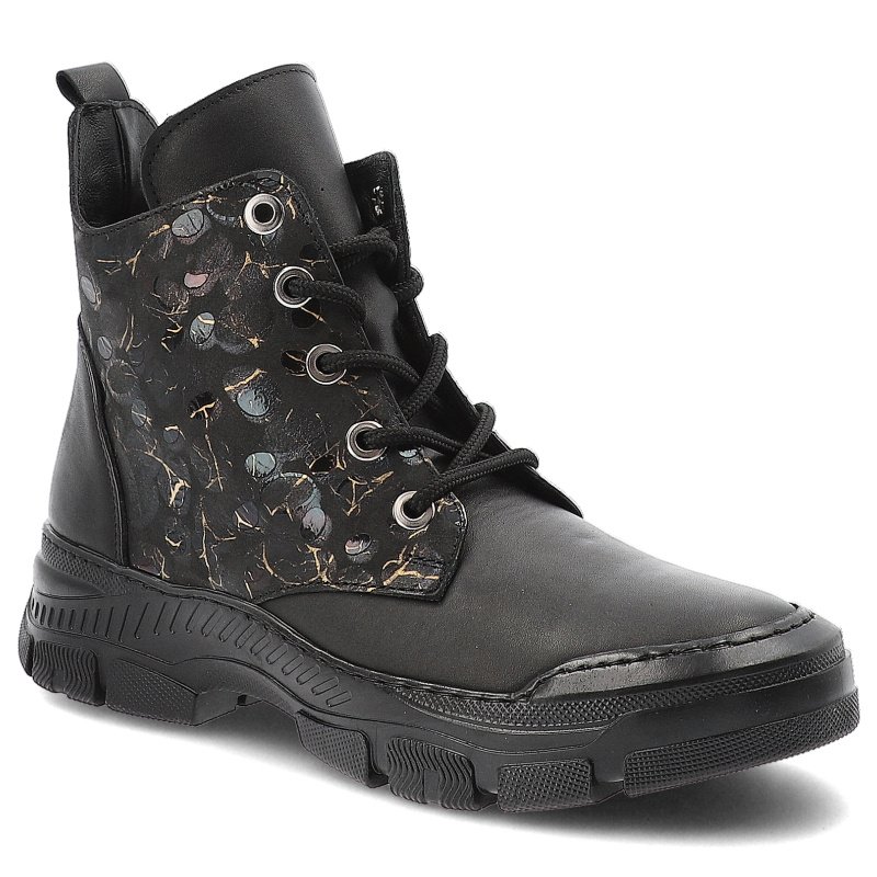 Botki damskie Artiker, skórzane zdobione na płaskim obcasie z okrągłym noskiem za kostkę i na zamek, czarne, 57C2179