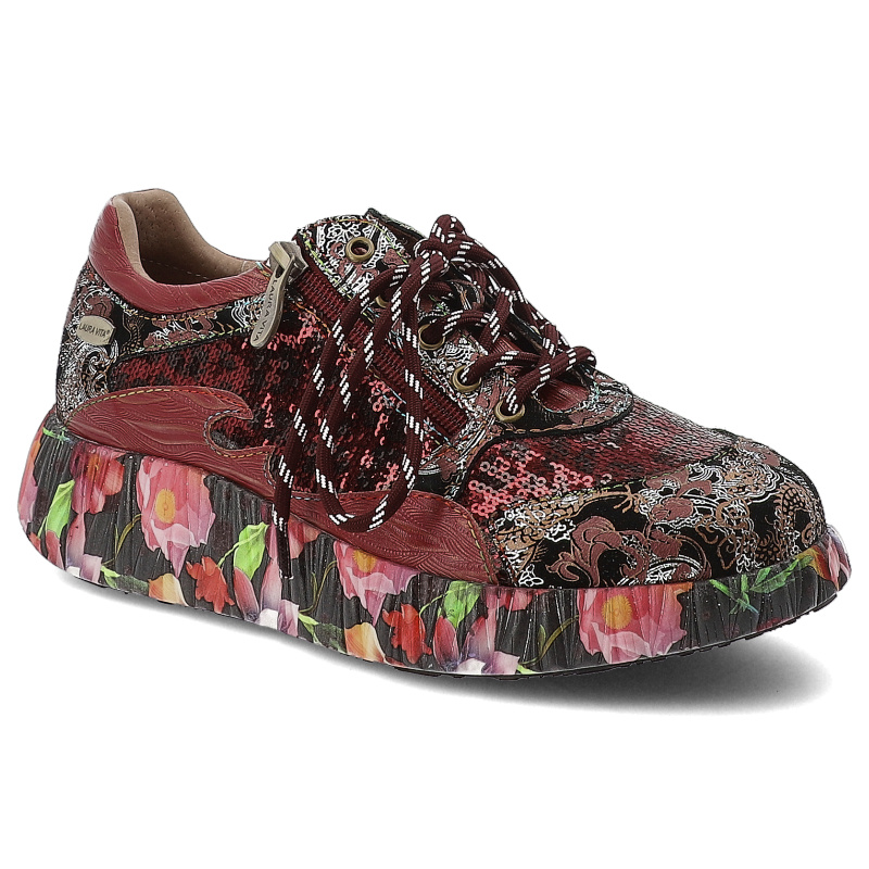 Sneakersy damskie Laura Vita, na platformie skórzane w kwiaty z okrągłym noskiem i na zamek, czerwone, Nikito-09-SO26803-9BS