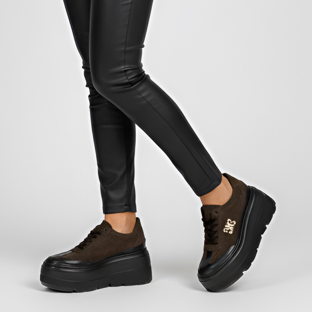 Sneakersy damskie Armodo, skórzane zamszowe na wysokiej platformie z miękkimi wkładkami, czekoladowo-czarne, N1233-340-1007