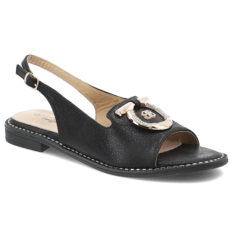 Sandały damskie S. Barski, z eko skóry z ozdobą na płaskim obcasie na sprzączkę, czarne, KV51-003