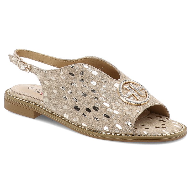 Sandały damskie S. Barski, eleganckie we wzorki skórzane na płaskim obcasie, złote, KV51-094