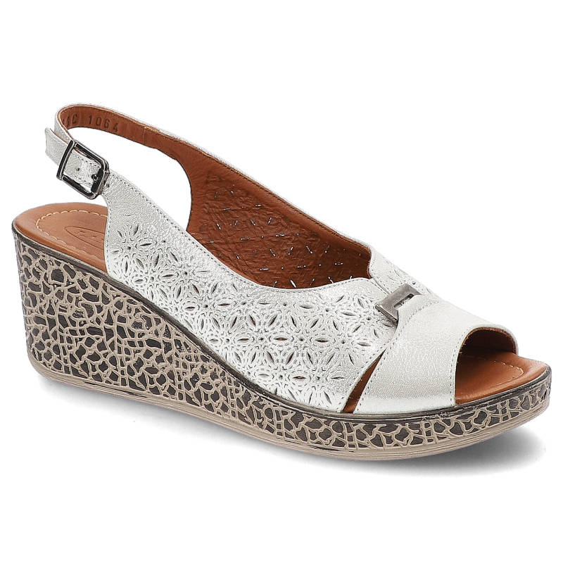 Sandały damskie Lanqier, skórzane ażurowe i na stabilnym koturnie, srebrne, 44C1064