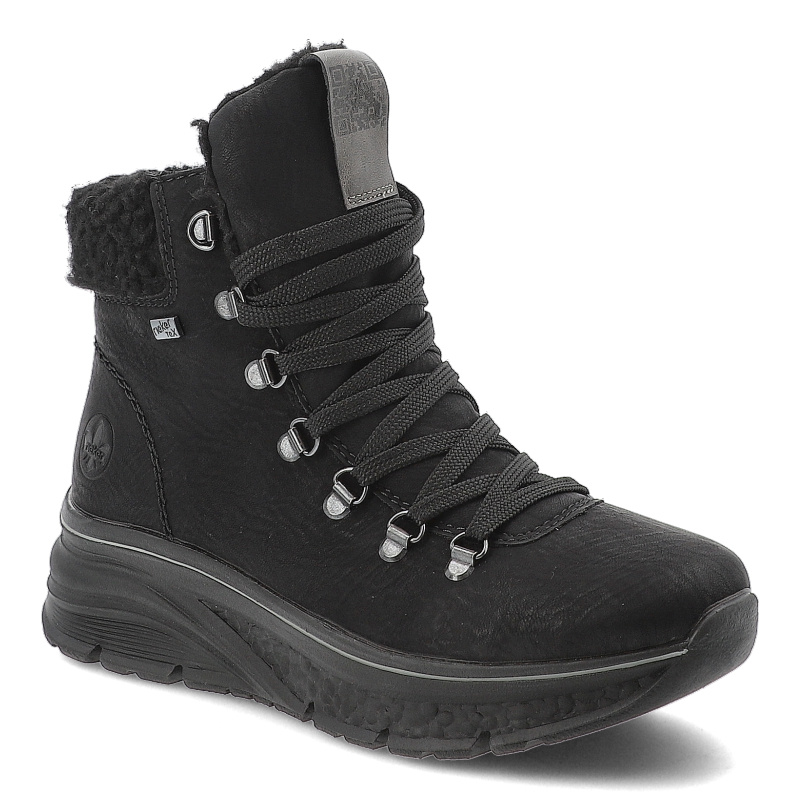 Botki damskie Rieker, antistress na grubej podeszwie ocieplane futerkiem i na suwak, czarne, 48034-00-Black