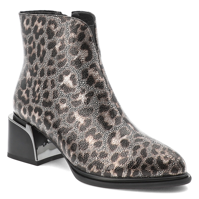 Botki damskie S. Barski, na klocku skórzane licowe z noskiem w szpic w panterkę i na zamek, czarne-złote, CR52-622