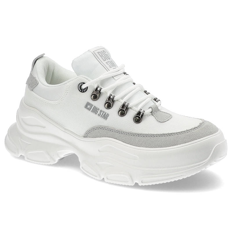 Sneakersy damskie Big Star, cholewka z łączonych materiałów o sportowym charakterze klasyczne sznurowanie z metalowymi haczykami, białe, JJ274A220