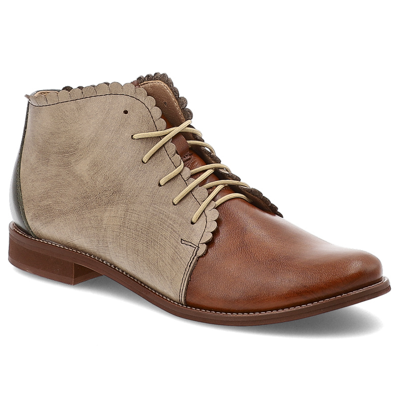 Botki damskie Armodo, licowe skórzane na płaskim obcasie z okrągłym noskiem i na suwak, brąz kawa–oliwka, 4078