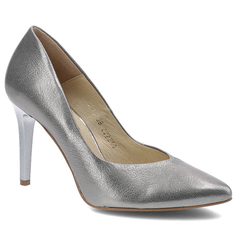 Czółenka damskie Clasicco, cholewka ze skóry naturalnej wnętrze wykończone skórą wkładka skórzana obcas smukły nosek wąski, srebrne, 1916-593