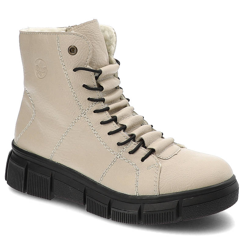 Botki damskie Rieker, cholewka z gładkiej skóry naturalnej z wysoką cholewką i kontrastowym sznurowaniem, beżowe, X3428‑60