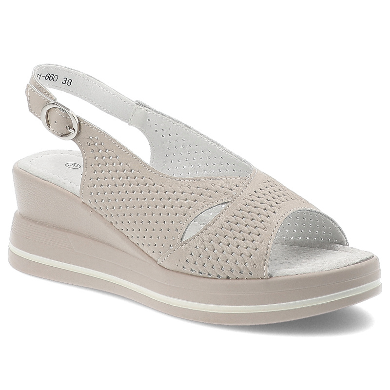 Sandały damskie S. Barski, skórzane wygodne na koturnie i zapinane sprzączką, beżowe, LR51-660