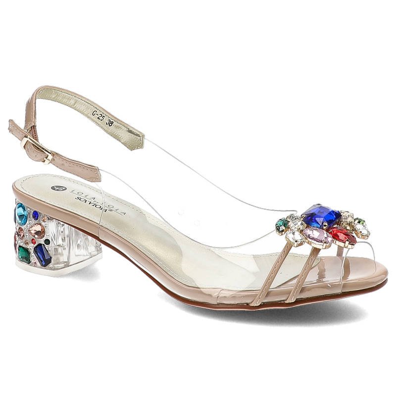 Sandaly damskie Scaviola, transparentna cholewka z dekoracyjnymi kryształami smukłe paski przy palcach regulowane zapięcie, nude, G-25