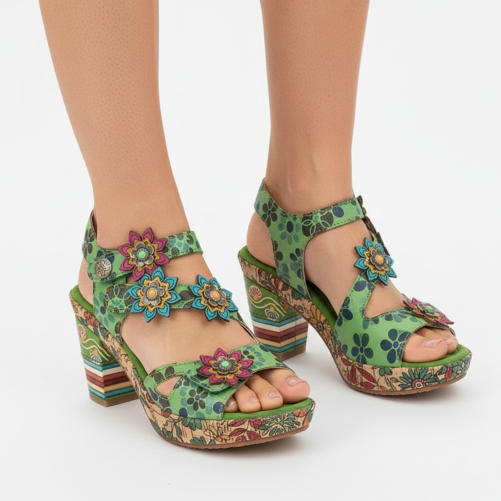 Sandały damskie Laura Vita, ze skóry naturalnej ozdobne aplikacje kwiatowe na paskach i profilowana wkładka, zielone, 33 AS311-33 Vert