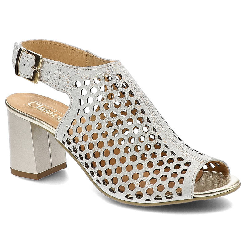 Sandały damskie Clasico, naturalna skóra licowa z ażurową cholewką regulowanym zapięciem przy kostce, biały/złoty, 0420-1101