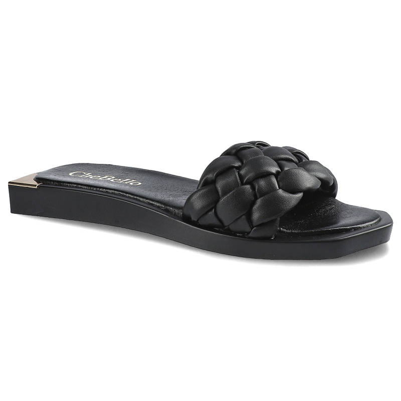 Klapki damskie Chebello, naturalna skóra licowa z szerokim plecionym paskiem oraz płaską podeszwą, czarne, 2609-363-PSK