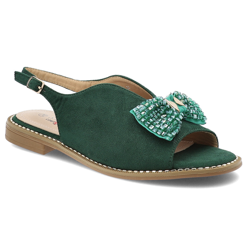Sandały damskie S. Barski, z kokardą na płaskim obcasie materiałowe ze sprzączką, zielone, KV51-014