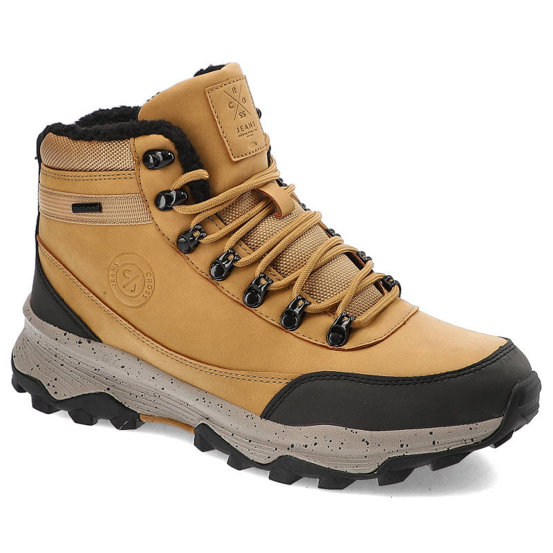 Trekkingi męskie Cross Jeans, z ekoskóry i materiału ocieplane wewnątrz sznurowane i wyposażone w solidną traktorową podeszwę, camel, KK1R4026C