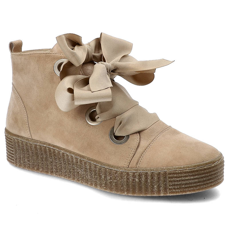 Sneakersy damskie Marshall, skórzane i z elegancką kokardą, cappuccino, 6836-SL