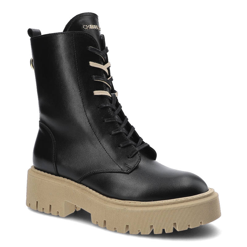 Botki damskie Chebello, ze skóry naturalnej zapięcie na sznurowanie i suwak usztywniony zapiętek masywna podeszwa z wyraźnym bieżnikiem, czarne, 2800