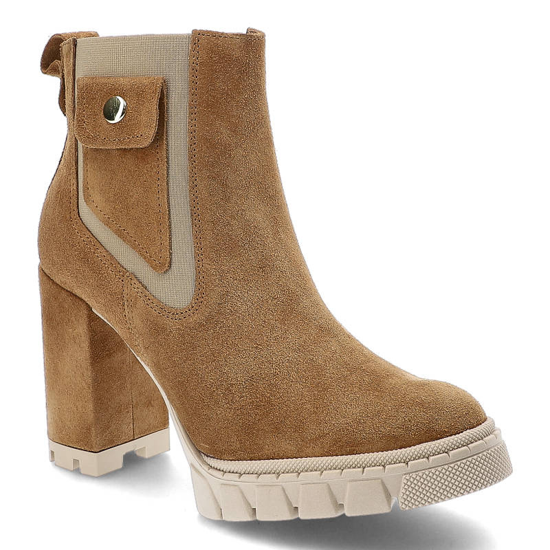 Botki damskie Damiss, cholewka ze skóry naturalnej zamszowej na solidnym obcasie i zapięciem na suwak, koniak‑welur, DS‑641‑2‑A