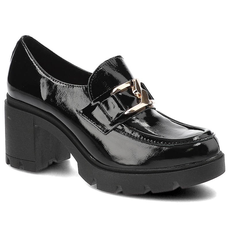 Półbuty damskie Lemar, lakierowana skóra naturalna masywna podeszwa na stabilnym obcasie, czarne-złote, 20097-Naplak