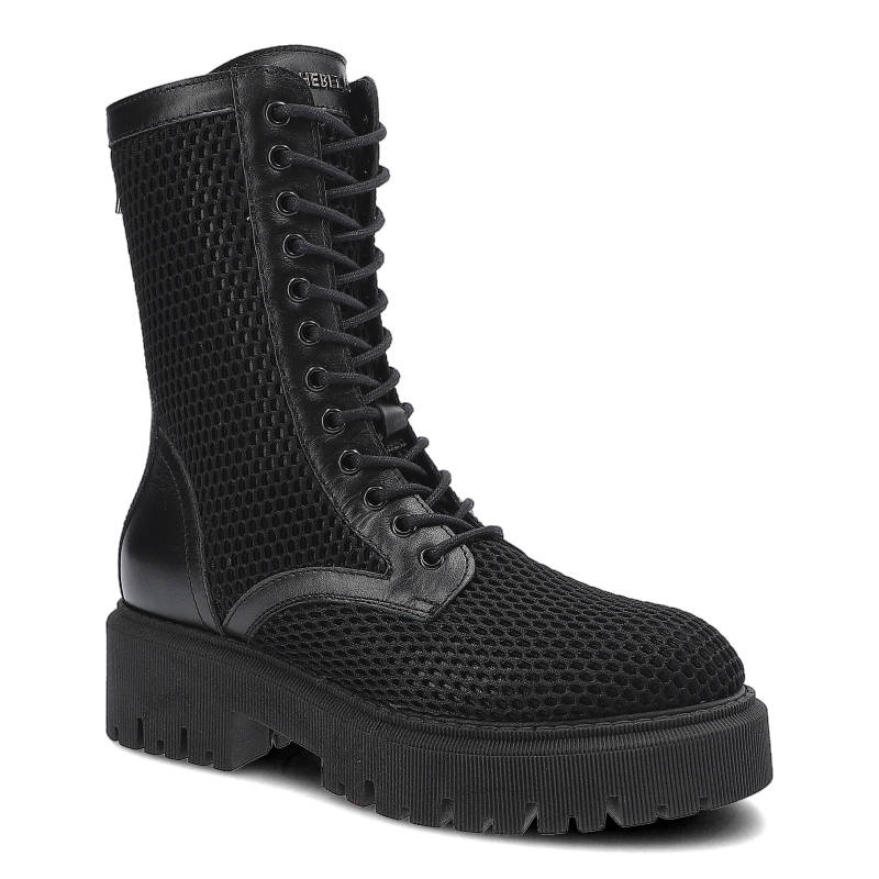 Botki damskie Chebello, naturalna skóra licowa w połączeniu z perforowanym materiałem z wysoką sznurowaną cholewką oraz masywną podeszwą z głębokim b