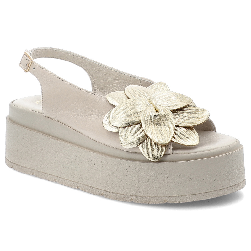 Sandały damskie Chebello, na wysokiej platformie skórzane z ozdobnym kwiatem ze sprzączką, jasnobeżowe, 4645-513