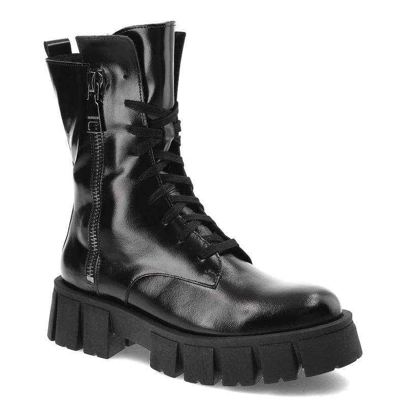 Botki damskie Lamanti, zapinane na zamek błyskawiczny i sznurowadła na masywnej traperowej podeszwie, czarne, 950 39