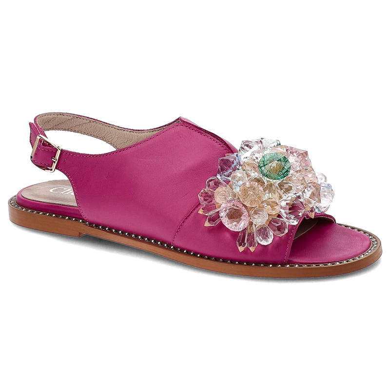 Sandały damskie Chebello, cholewka z gładkiej skóry naturalnej z zapięciem na sprzączkę i dużą aplikacją z transparentnych elementów gładka wkładka o