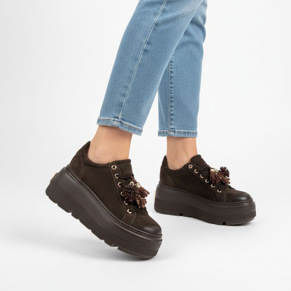 Sneakersy damskie Chebello, ze skóry naturalnej z cholewką o zamszowym wykończeniu i ozdobnymi frędzlami przy sznurowaniu, brązowe, 5002_-268-000-PSK